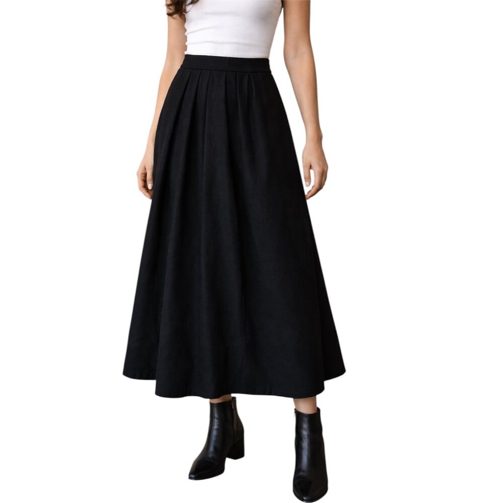 Vintage Evan Picone Wool Midi Skirt Black A Line High Waist Pleated USA Size 6